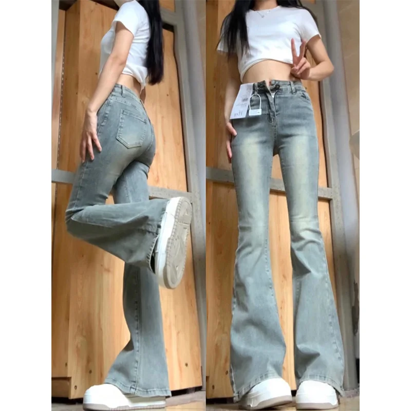 

Retro American Denim Capri Pants Women's High Waist Slim Fit Elastic Wide Leg Bell Bottoms Summer Fashion plus Size Jeans
