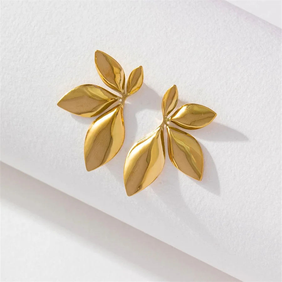 Women\'s Vintage Fan Leaf Shape Earrings Stud Temperament Gold Color Big Earrings Personality Simple Party Jewelry Gift