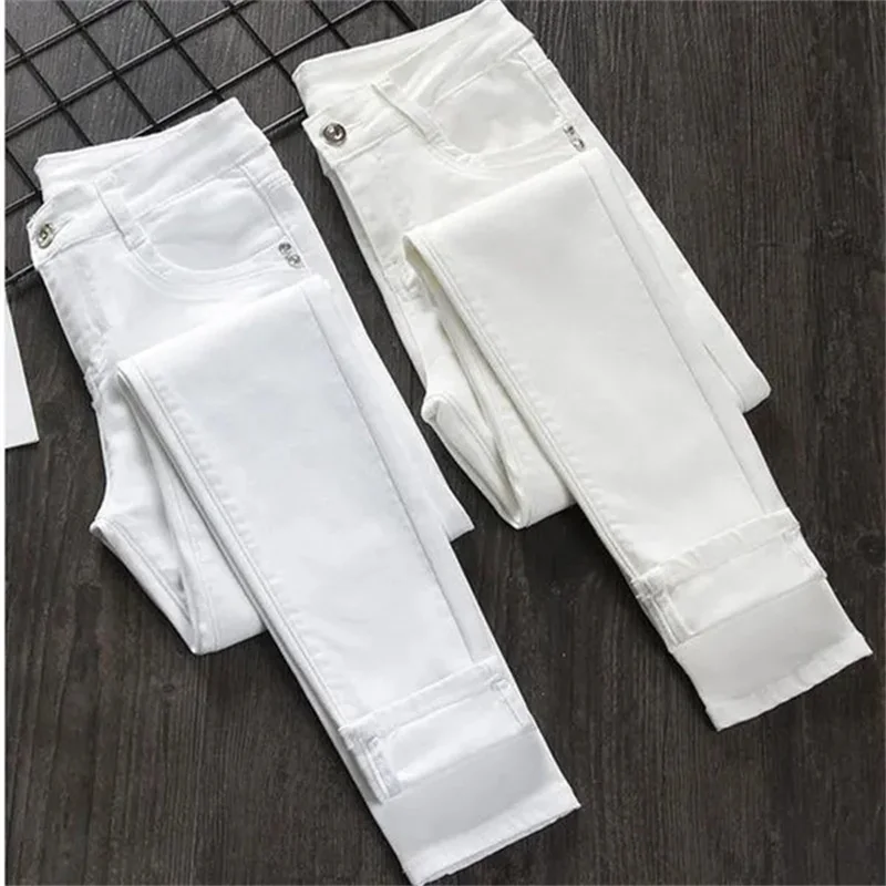 Spring Autumn White Jeans Female High Waisted Solid Color Denim Pencil Pants Korean Women Fashionable And Versatile Denim Pants