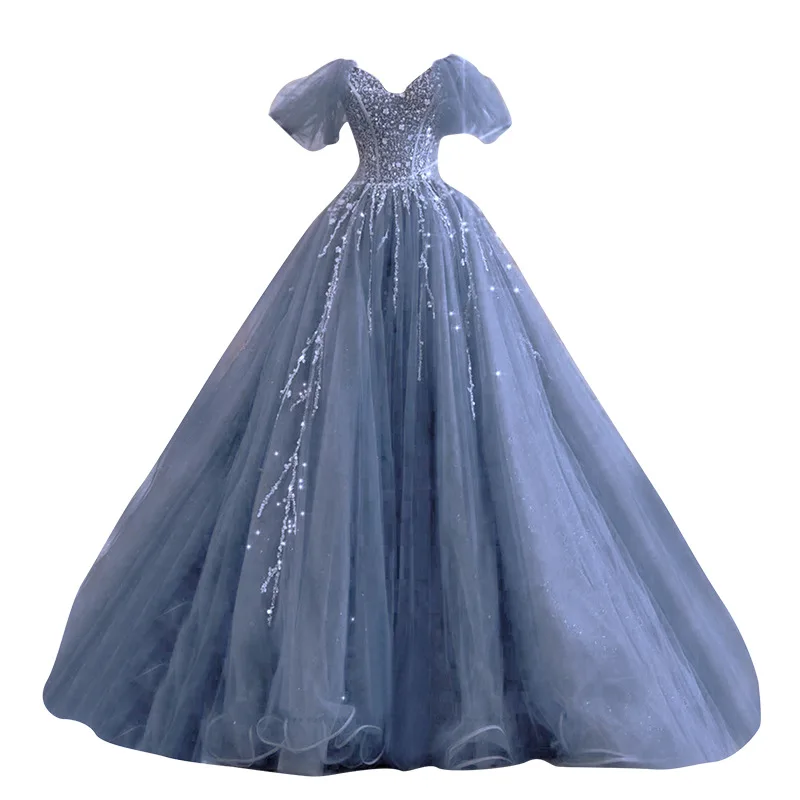 

Пыльно-синее бальное платье Quinceanera, платья Vestidos De 15, блестящий тюль, вечернее платье принцессы на день рождения, по индивидуальному заказу для женщин