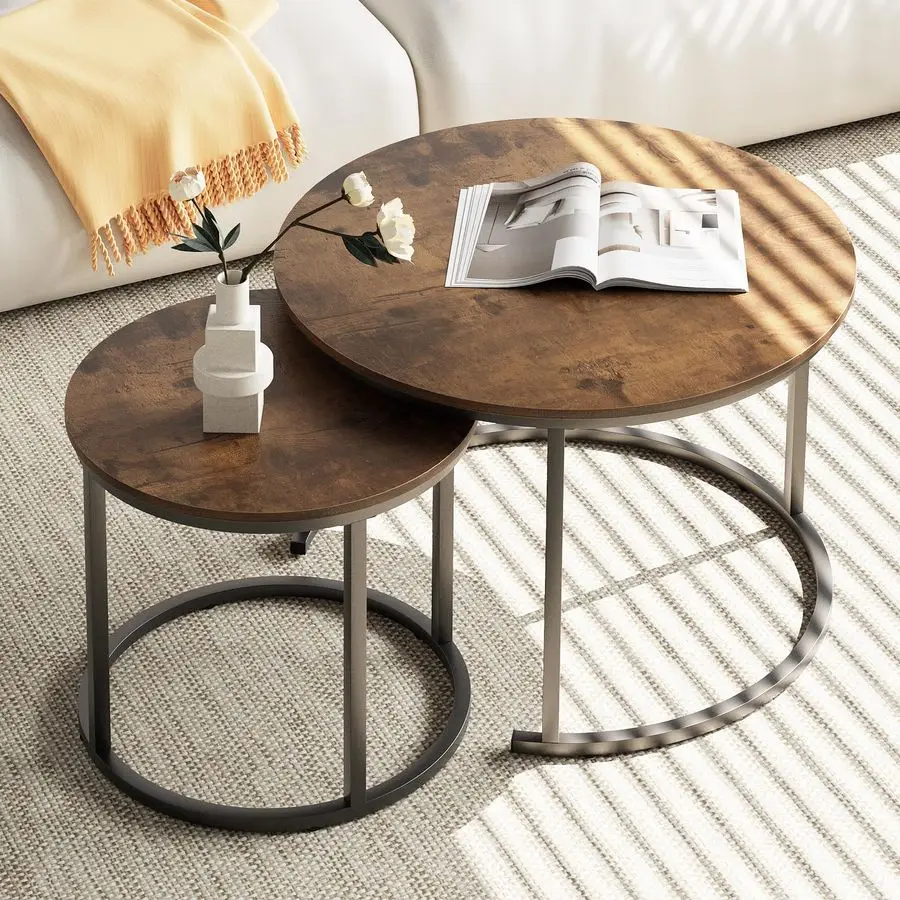 

Coffee Table Nesting Round Table Set of 2 Side Table with Sturdy Metal Frame for Living Room Bedroom Apartment Modern Industrial