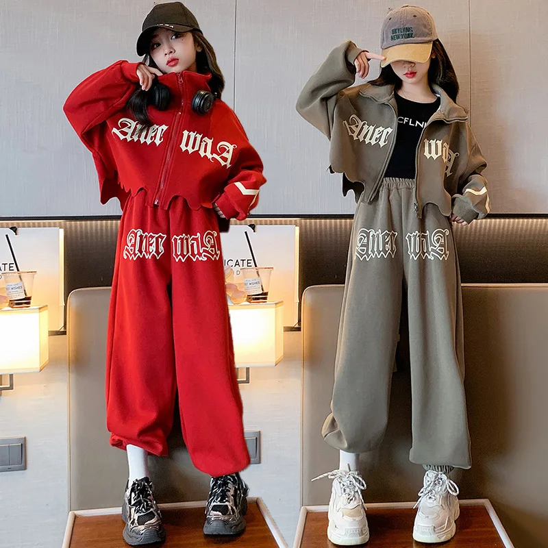 

Spring Autumn Girls Clothing Zipper Coat + Pants 2 Piece Sets 2023 New Korean Style 5-14 Years Old Children's Outdoor Tracksuits