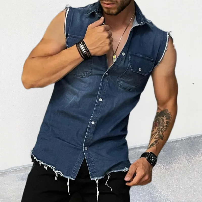 Lapel Sleeveless Vest Jacket Single-breasted Flap Pockets Tassel Men Summer Solid Color Denim Shirt Streetwear Show Body Muscle