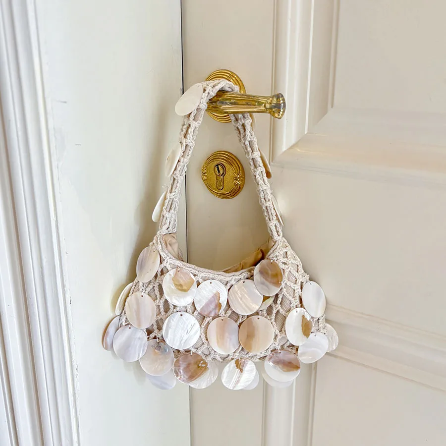 Luxury Shell Mesh Bags for Women Handbag Half Moon Sequin Cloud Bag Elegant Rope Woven Shoulder Bags Party Wedding Evening Bag