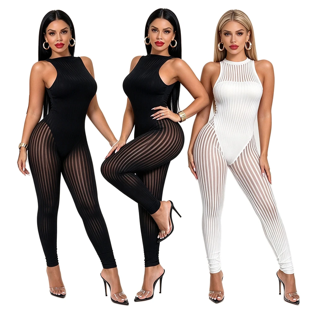 Women Slim-Fit Jumpsuit Sleeveless Vertical-Striped Tulle Jumpsuit Sexy Sheer High-End Sexy European and American Party Bodysuit