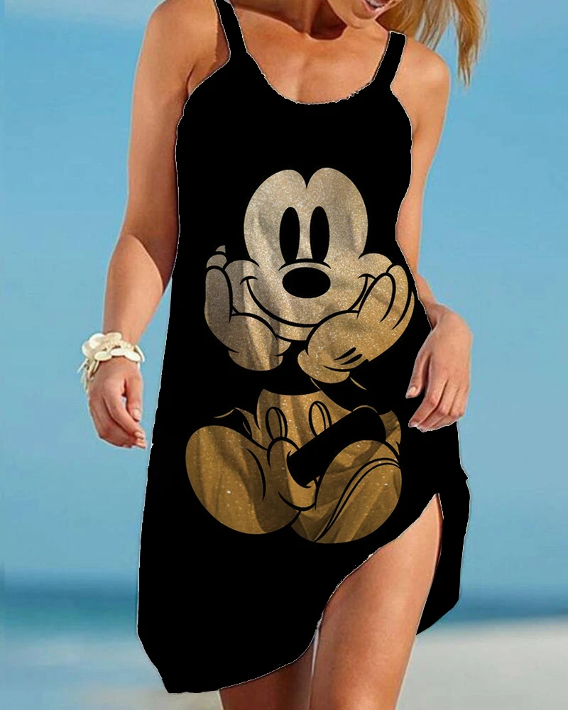 2024 Summer Mickey and Minnie Women Fashion Sling Print Dress Disney Women Sexy Loose Seaside Beach Casual Beach Dress