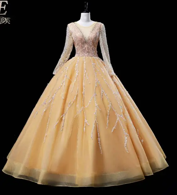 luxury real long sleeve beading embroidery fariy long dress ball gown vintage/stuido/stage dress