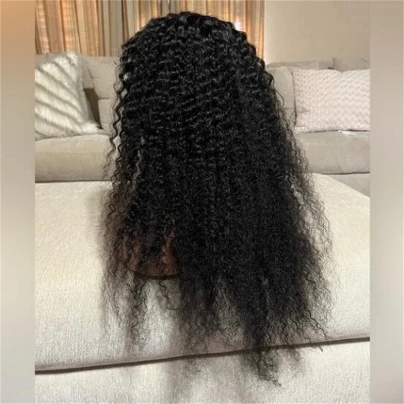 Peruca dianteira longa e encaracolada para mulheres, cabelo preto babyhair, resistente ao calor, pré-arrancado, sem cola, peruca diária, 180 densidade, 26"