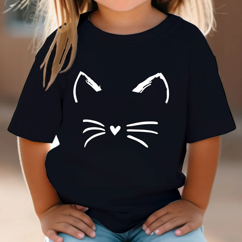 Short Sleeve Tshirt Summer Simplicity Cat Boy Girl Cartoon Tees Child Clothing Fashion Funny Kitten Print Crewneck Kids T-shirts