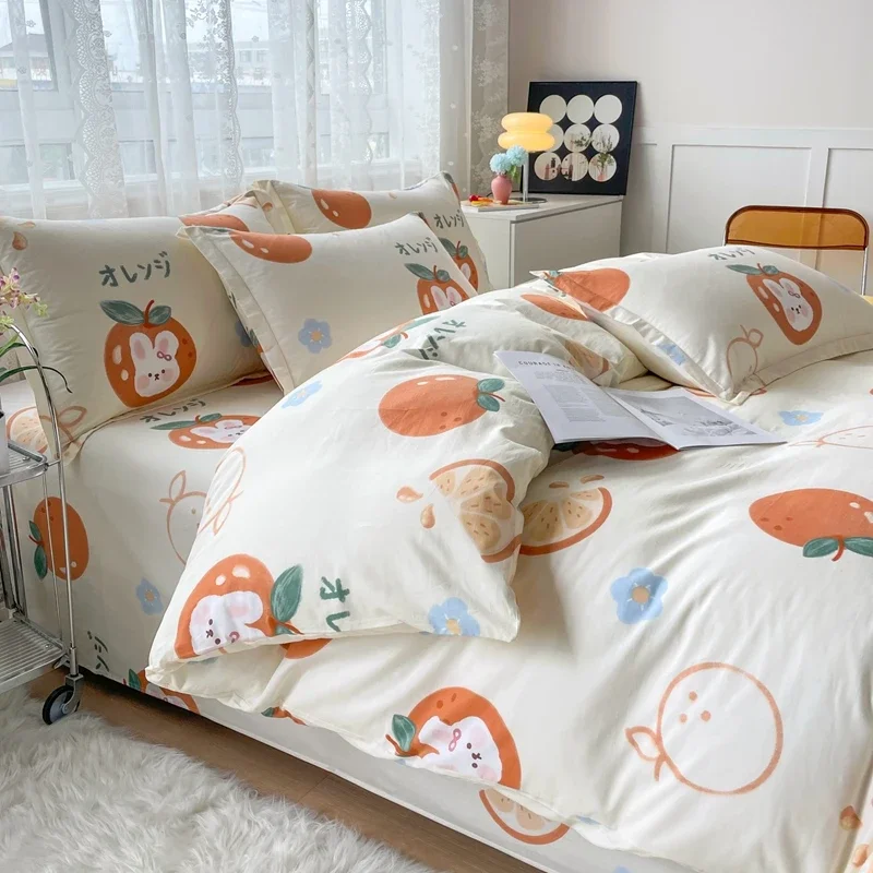 Orange Fruit Pattern Cotton Bedding Set Cartoon Rabbit Tangerine Fruit Print Comforter Cover 2 Pillow Shams for Bedroom Decor