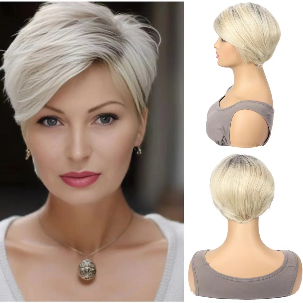 Blond Short Hair Wig European and American Women Light Brown Dyeing Partial Short Headgear