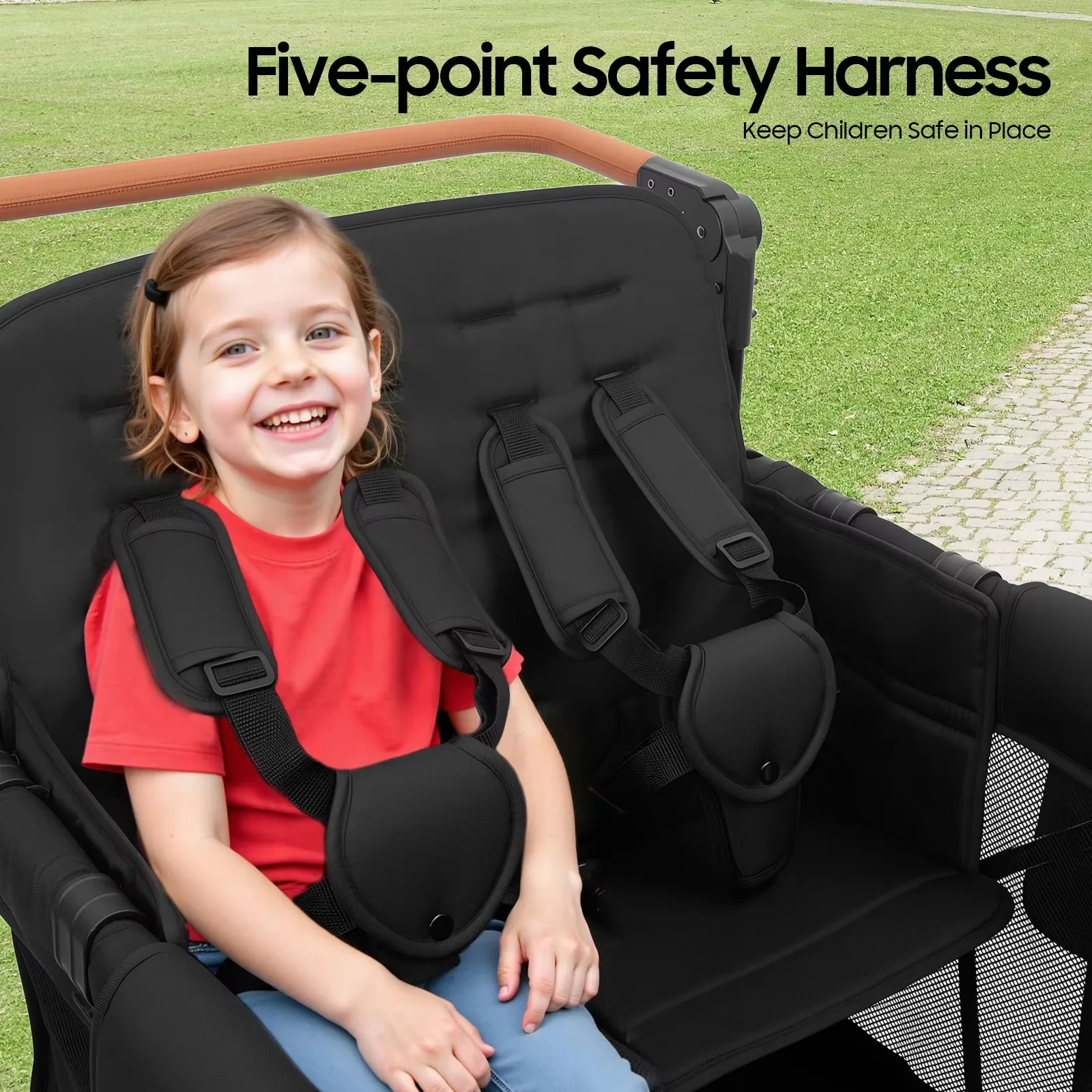 6 Months To 6 Years Old Kids Free Standing Black Spaciousness 4 Seats Stroller Wagon Safety Comfort with 4 Wheels