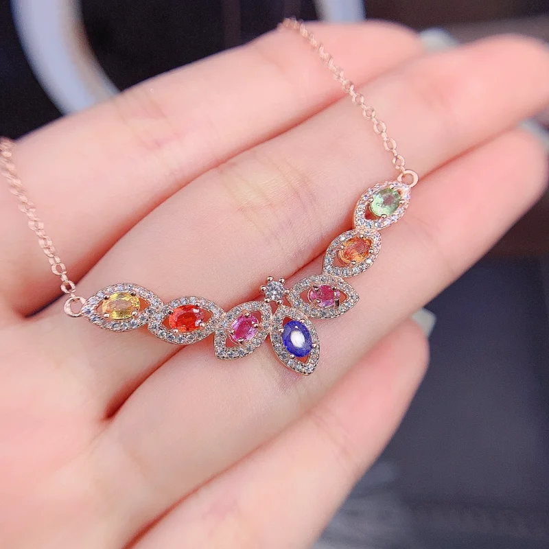 YULEM Natural Sapphire with Colorful Stone Silver 925 Pendant/Charm with Chain for Women Daily Wear 3x4mm