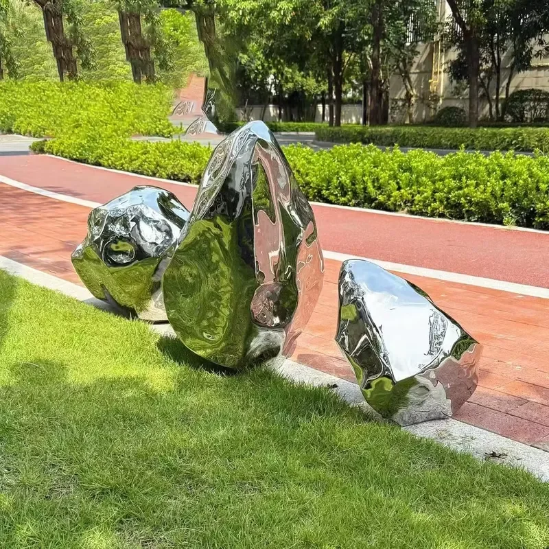 Custom Modern Abstract Electroplated Stainless Steel Sculpture Polished Irregular Shape Outdoor Stone Style