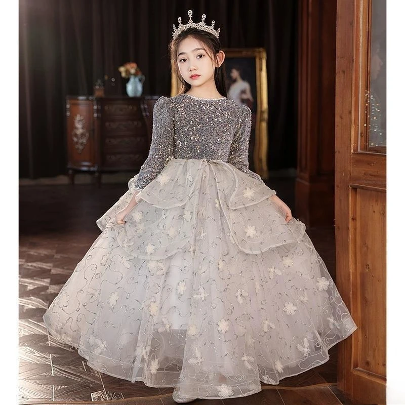 

Kids Sequin Party Dress Girls Host Evening Gown Birthday Princess Flower Girl Piano Performance Outfit Pageant Formal Costume