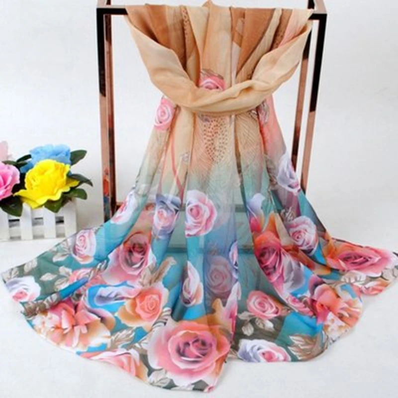 2024 New Fashion Women Floral Printing Beach Silk Scarf Shawls Female Long Wraps Beach Sunscreen Hijab