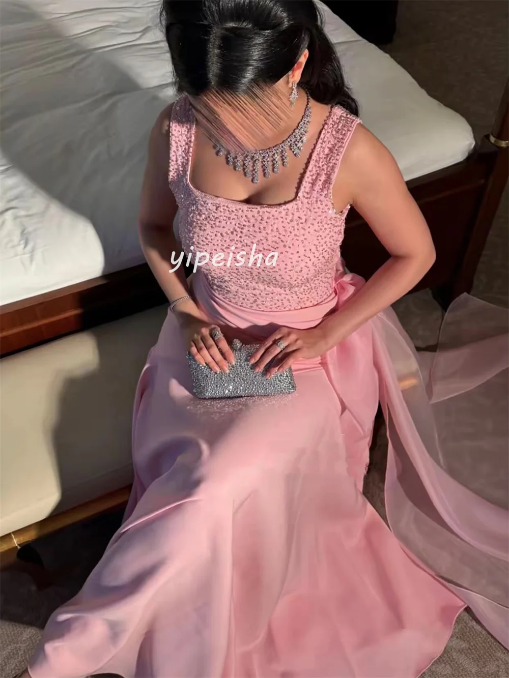 Customized Fashion Matching Jersey Beading Sequined Bow Mermaid Square Neck Long Dresses Bespoke Occasion Dresses High Quality