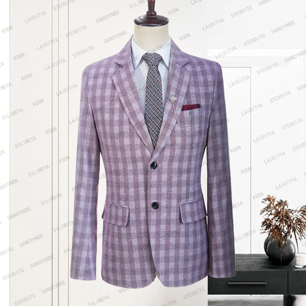 

2023 New Summer Tailor Made Men Linen Suit Red White Classic Plaid Casual Business Groom Tuxedo Best Wedding Jacket Blazer Coat