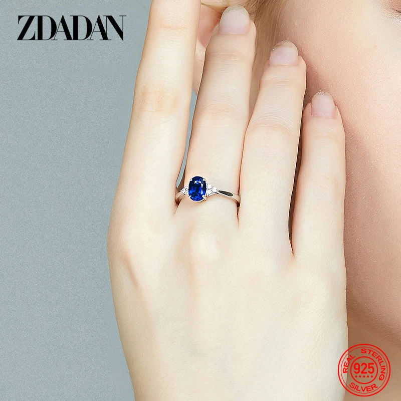 ZDADAN 925 Silver Round Sapphire Ring For Women Fashion Wedding Jewelry