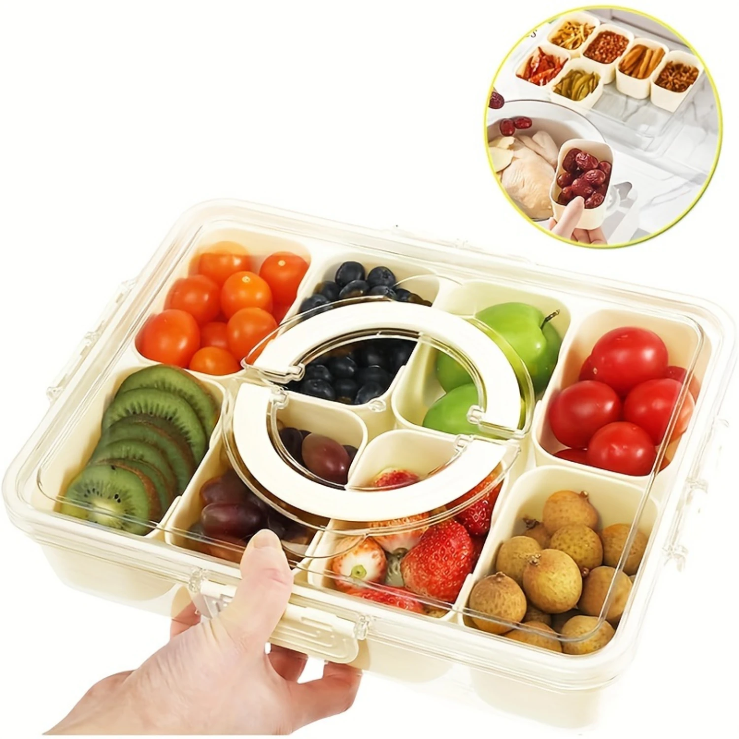 

8-Compartment Leak-Proof Rectangular Snack Box - Portable Fruit Container with Removable Lid & Handle - Reusable, Multipurpose,