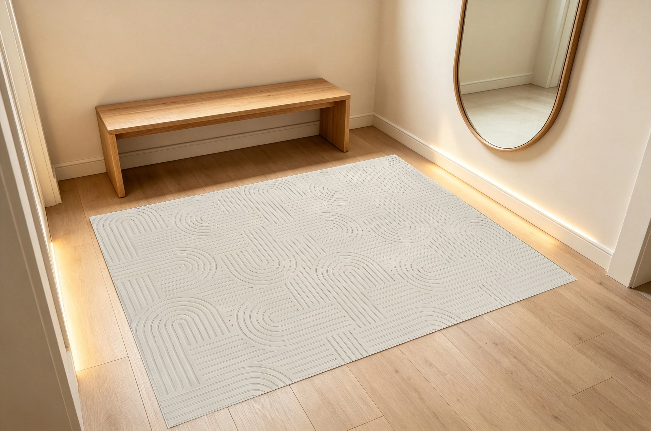 2D Off-White Rug with Minimalist Curved Lines, Soft and Skin-Friendly, for Living Room & Bedroom, with a High-End Feel – a