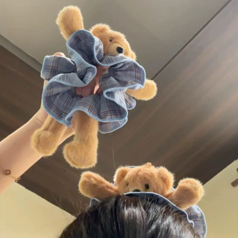 Women Plush Teddy Bear Plaid Large Fashionable Headband Hair Accessories Versatile Harajuku Intestine Headband Sweet Cute Funny