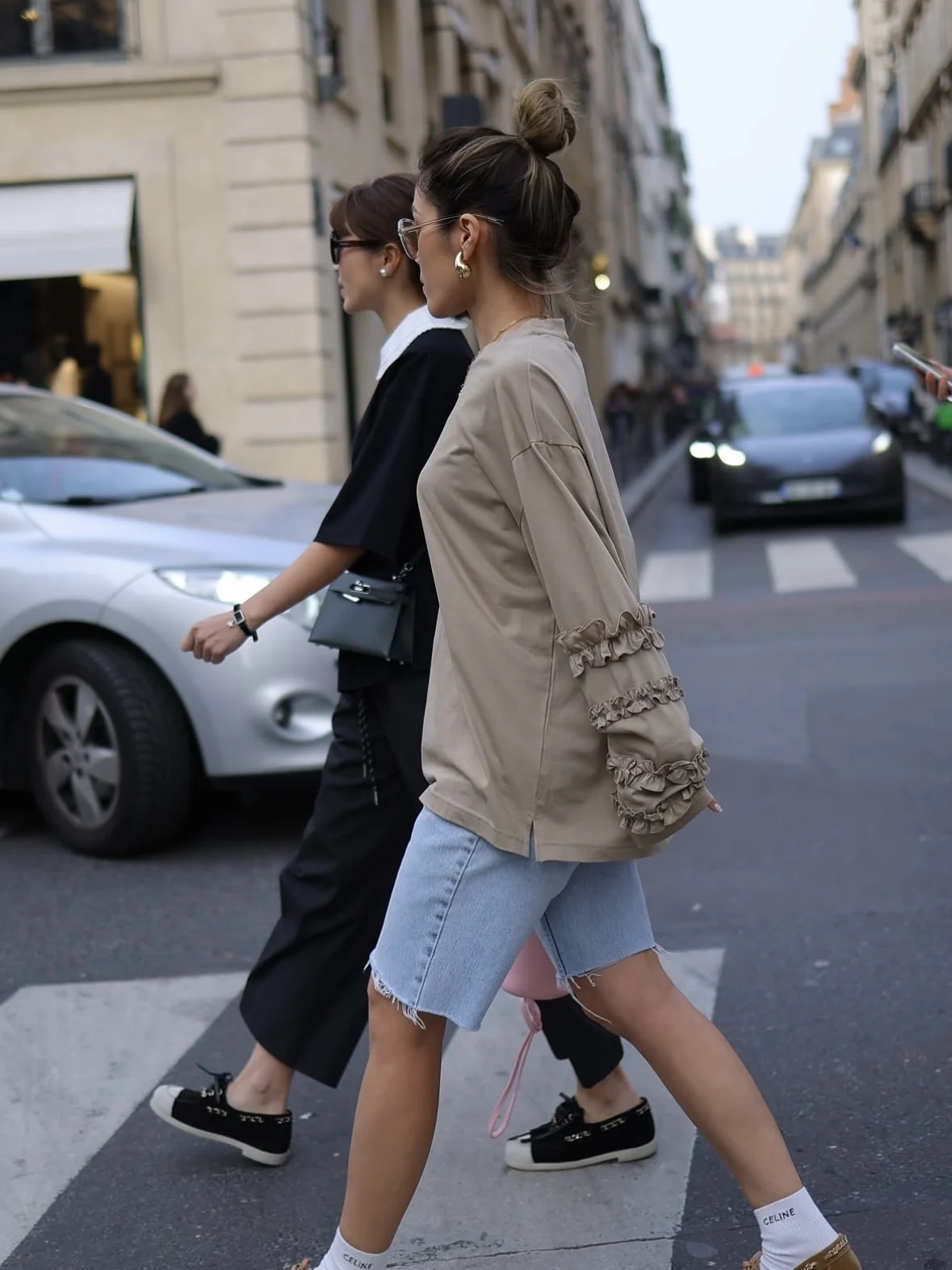 Ayako Gyp Folded Hem Sleeve T-Shirt Millefeuille Long Tee Casual Style Loose Fit Women's Fashion Petal Sleeve Embellished