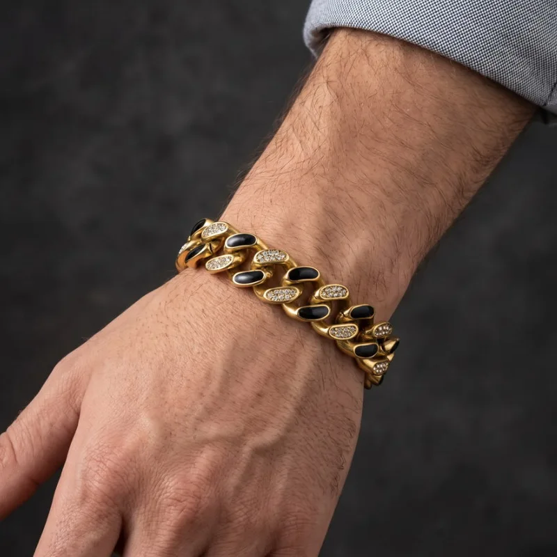 KALEN Vintage Punk Bling Rhinestone Cuban Bracelet Stainless Steel Enamel Detailed Wristband Great Halloween Holiday Gift