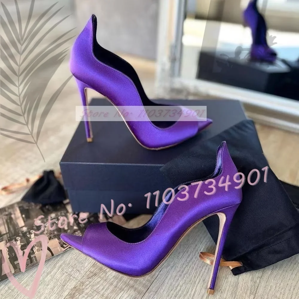 

Purple Satin Peep Toe Elegant Pumps Women Stylish Curved Edge Stiletto High Heels Evening Shoes Ladies Fashion Big Size Pumps
