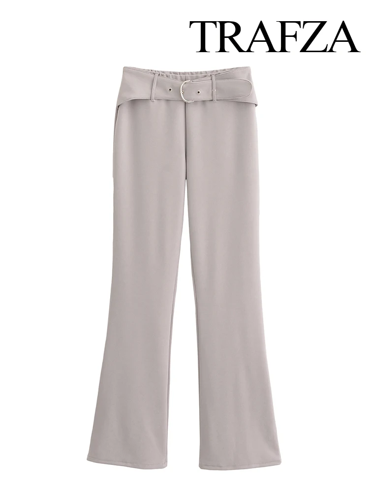 TRAFZA Women's Simple Fashion Belted Double-Faced Fabric Flared Trousers Female Elegant High Street Casual Ankle Length Pants