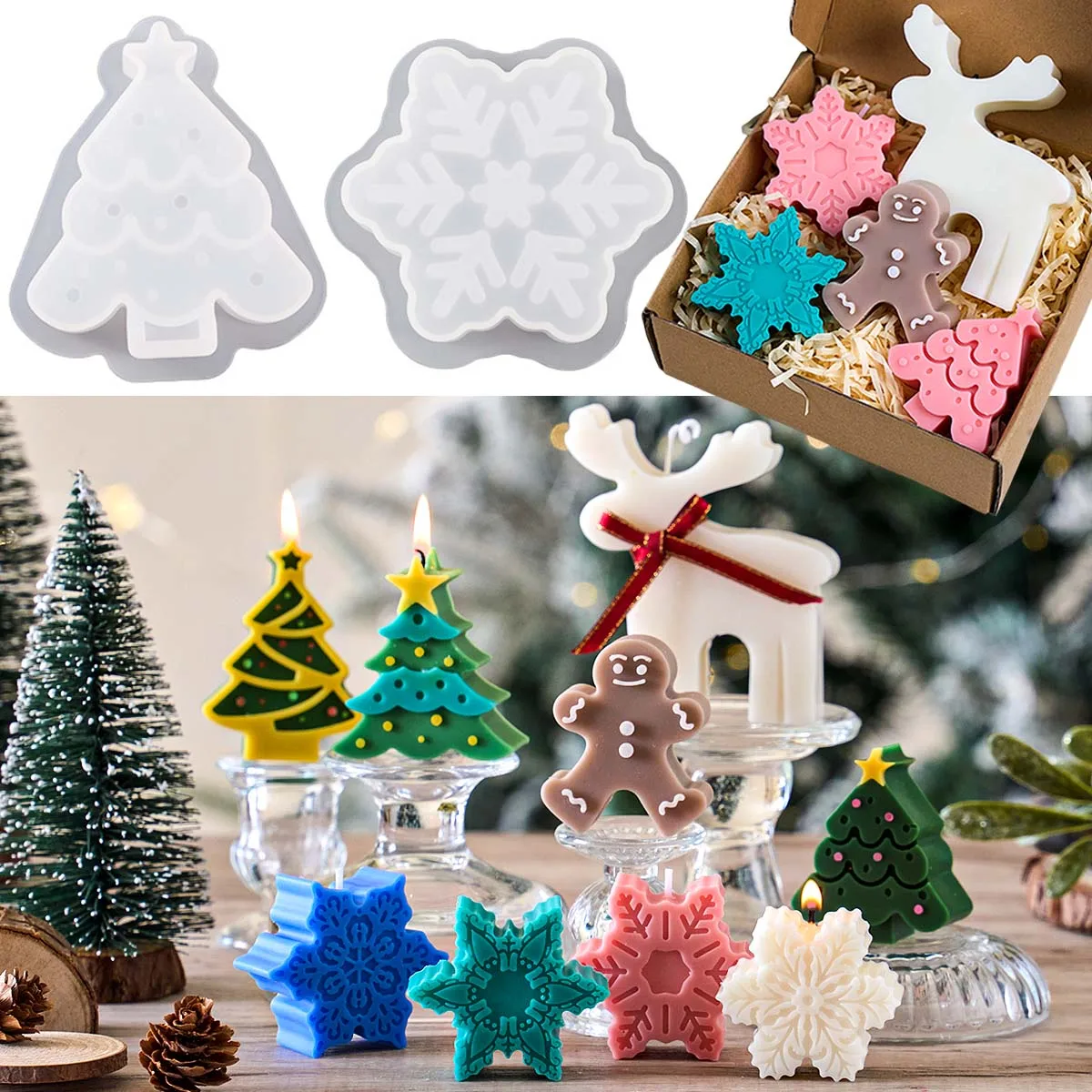 Weihnachten Serie Silikon Kerze Form DIY Lebkuchenmann Elch Schneeflocke Duftkerzen Seife Formen Gips Harz Handwerk Machen