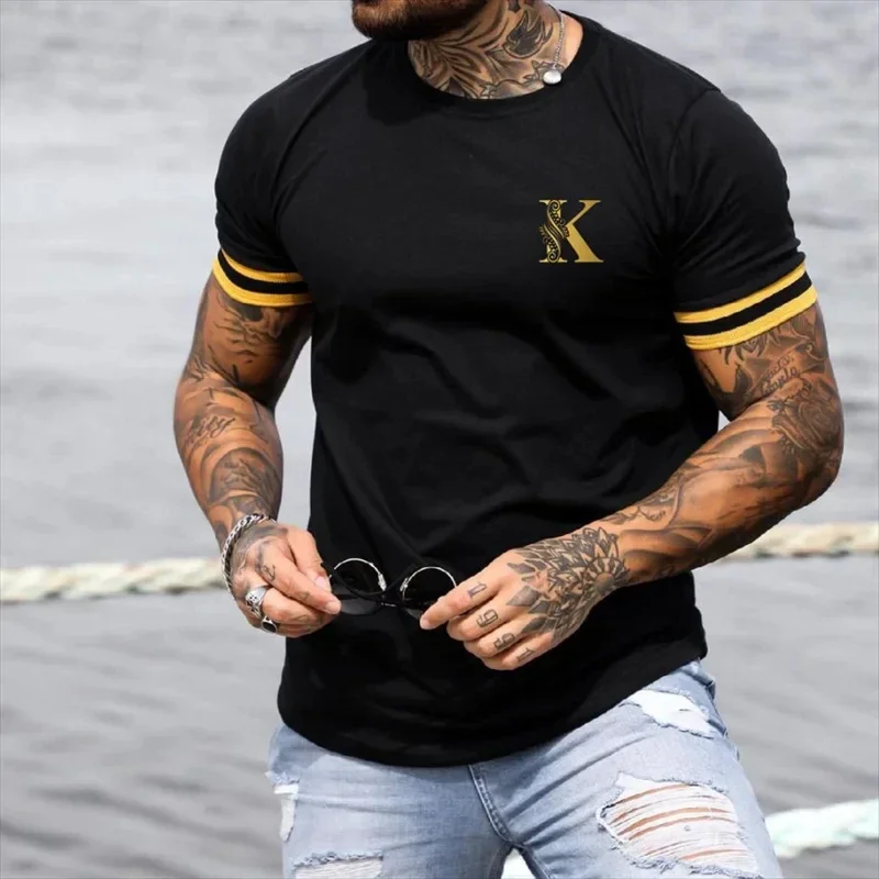 Men\'s K striped printed T-shirt, K/Spades King patterned short sleeved sports shirt, large Harajuku T-shirt, summer T-shirt