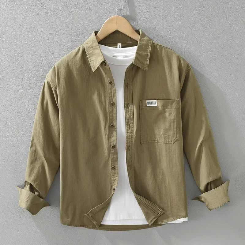 

Весна-лето Новые мужские рубашки Японские простые мужские рубашки с длинным рукавом с лацканами 100% хлопок однотонные повседневные рубашки с карманами свободный топ