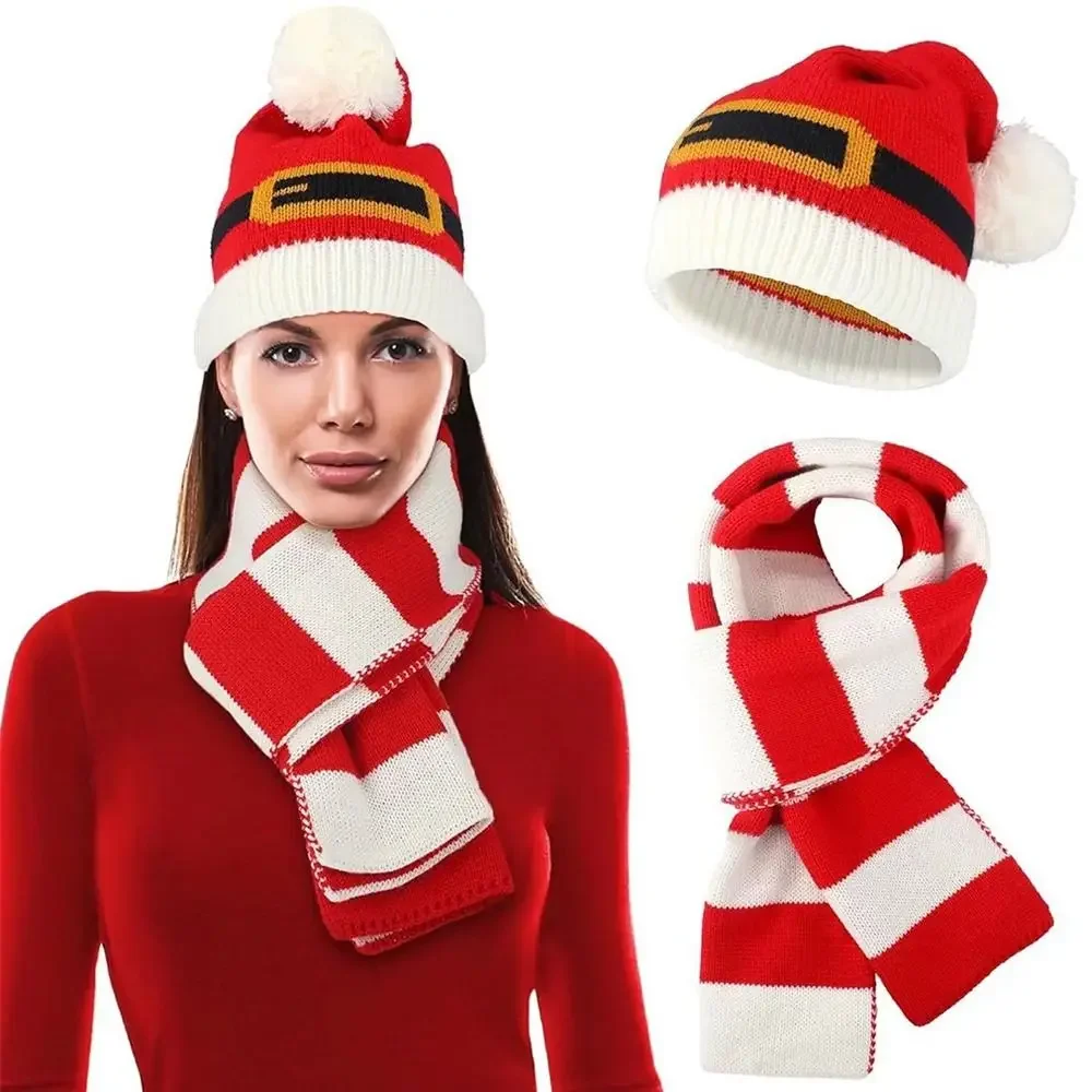 3Pcs Set Winter Christmas Beanie Hat Scarf Soft Warm Santa Cap Outdoor Ear Protection Knitted Gloves for Men Women