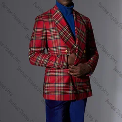 Red Grid Blazer Double Breasted Men Suit Two Pieces(Jacket+Pants) Outfits Casual Party Prom Clothing