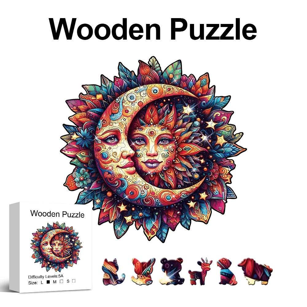 

Sun and Moon Wooden Puzzle for Adults, Unique Shaped Pieces, Exquisite Gift Box, Brain Exercise, Room Decor, Holiday Gifts