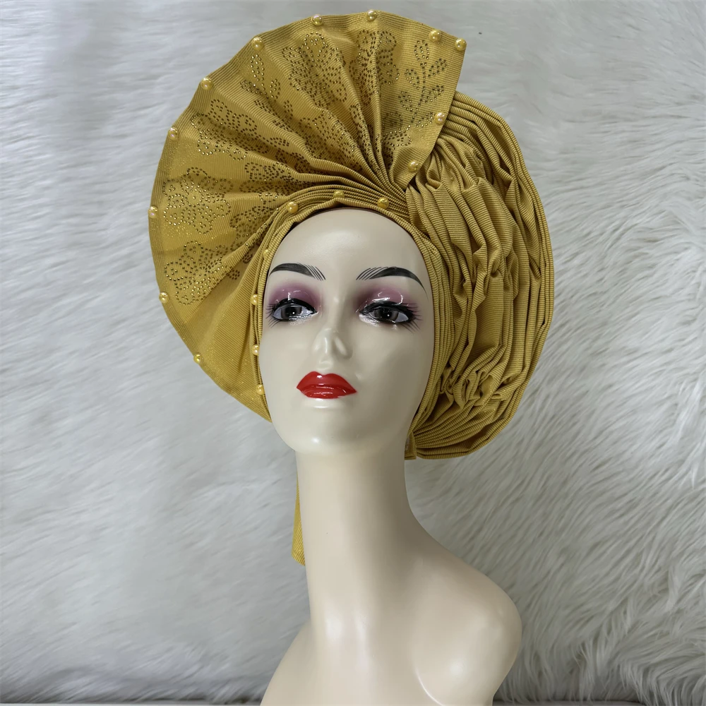 Multicolor Nigerian Applique Gele Headtie Aso Oke Gele Already Made Auto Gele Aso Ebi Headtie African Turban Cap For Party 1Set