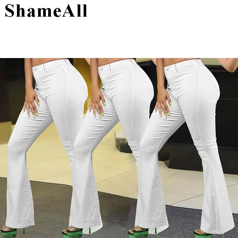 Plus Size Loose Comfortabl White Flare Jeans 3XL Streetwear Women High Waist Stretchy Grunge Denim Pants Wide Leg Bell Bottoms