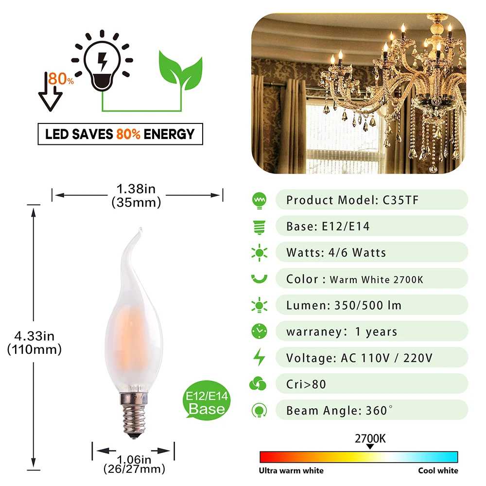 C35 Frosted Glass Candle Light Bulbs 4W 6W E14 E12 Warm White LED Filament Bent Tip for Living Room Chandelier Replaceable Bulbs