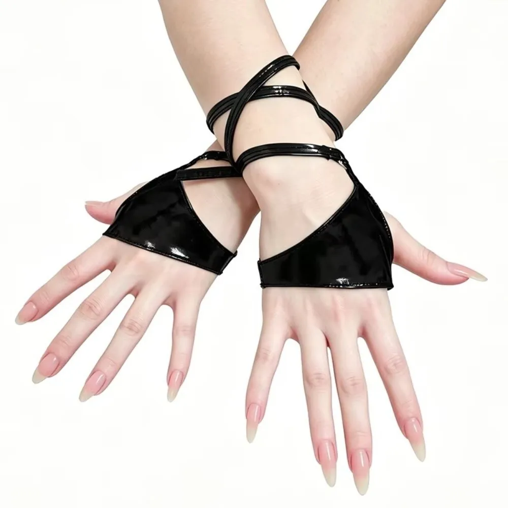 Patent Leather Patent Leather Gloves Open Finger Wrist Tie-Up Open Finger Gloves Fingerless Design Punk Style Fingerless Gloves