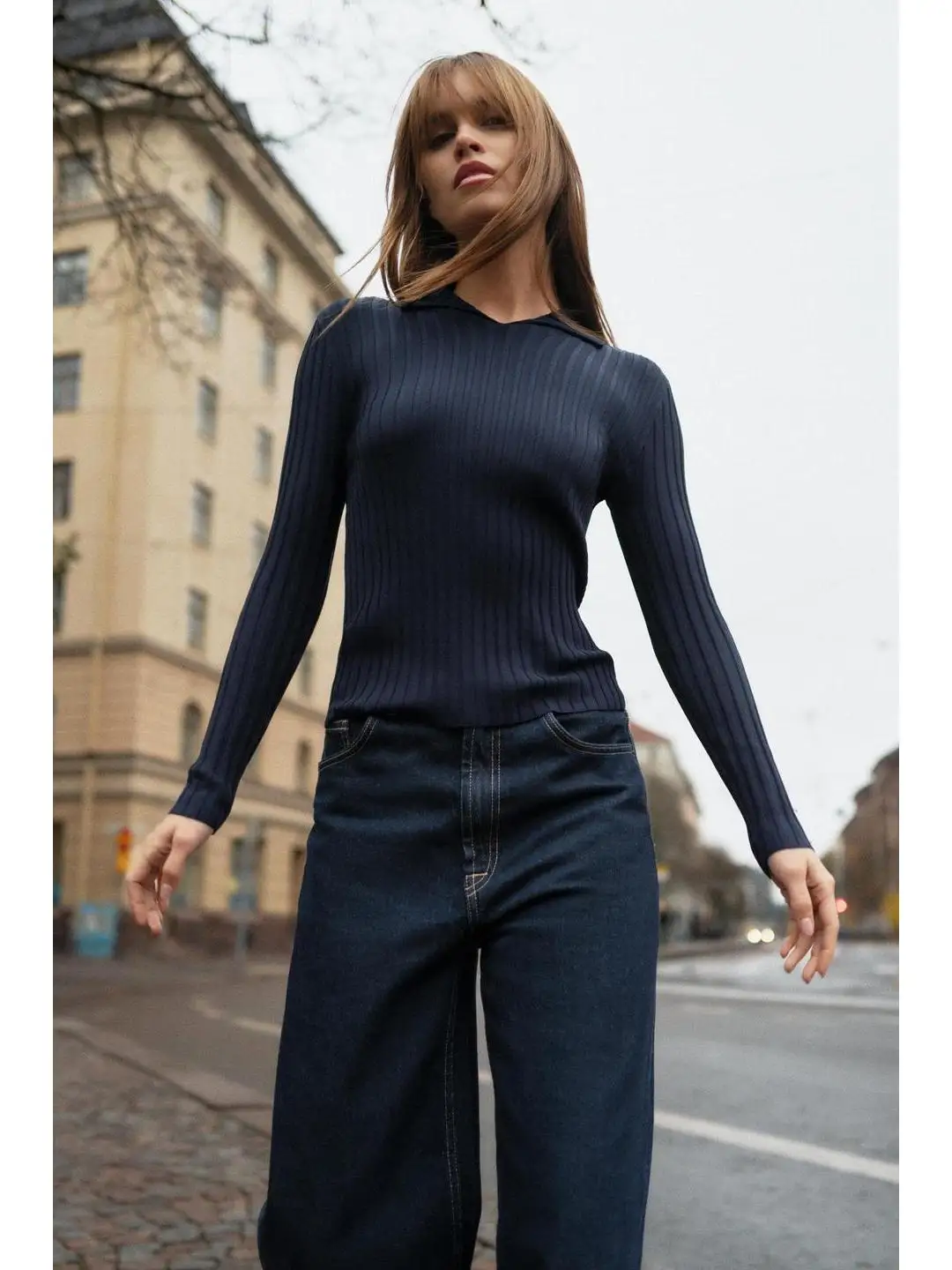 

Slim Fit Long Sve irt Knitted Ribbed Collar Women's Faion French Sle Thiened Winter Cotton Linen Blend Top