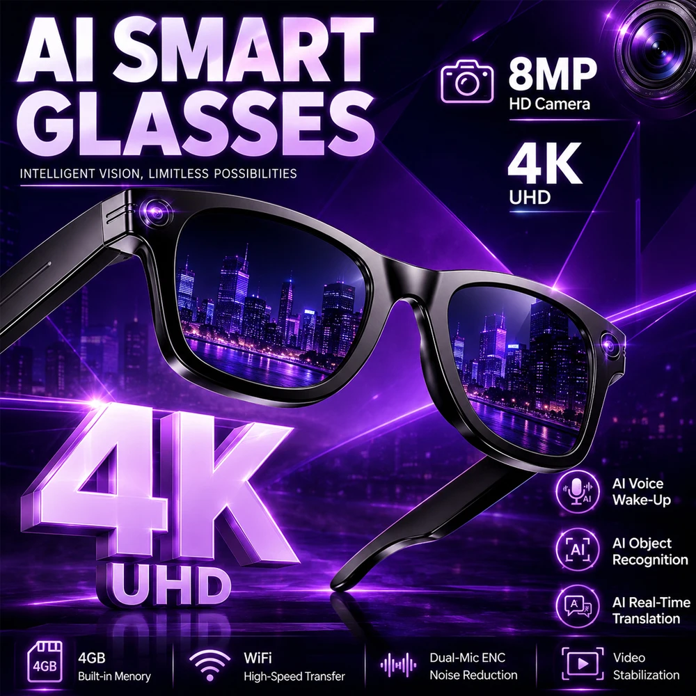2026 AI Smart Glasses with 8MP Camera Video Recording Bluetooth Call WIFI 100+Languages Translation 270mAh 4K UHD Sunglasses