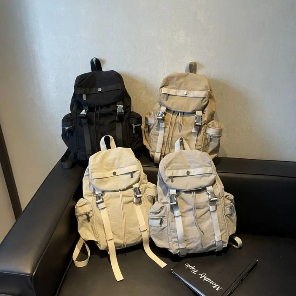 

Korean Style Outdoor Drawstring Backpack Solid Color Sports Travel Nylon Backpack Commute Waterproof Hiking Shoulder Bag Fitness