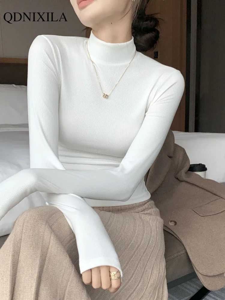 2024 New Korean Fashion Knitted Half-turtleneck Women Pullovers Bottom Shirts Sweater Jumper Elegant Long-sleeved Tops Knitwear