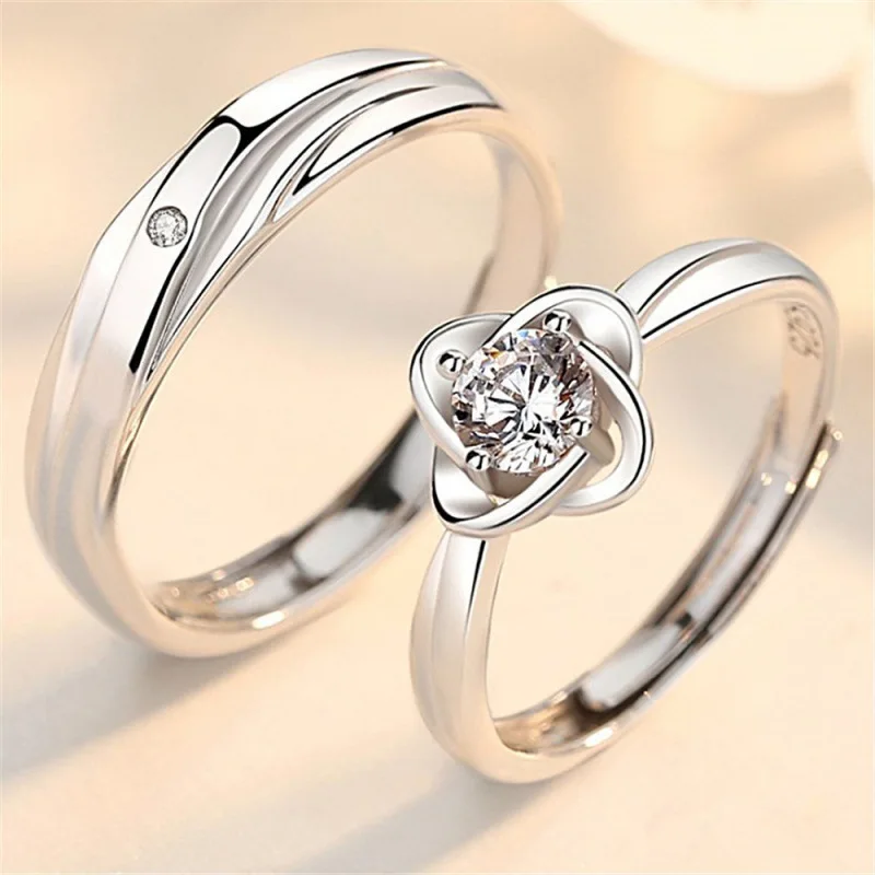 2Pcs/sets Geometric Love Heart Zircon Rings Paired Rings for Couple Promise Matching Wedding Ring Set Senior Designer Jewelry