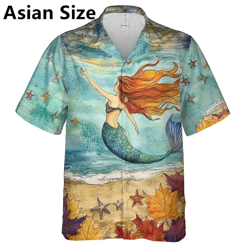 Colorful Mermaid Graphic Shirts For Men Summer Casual Lapel Button 3D Printed Short Sleeve Shirt Fashion Streetwear Loose Blouse