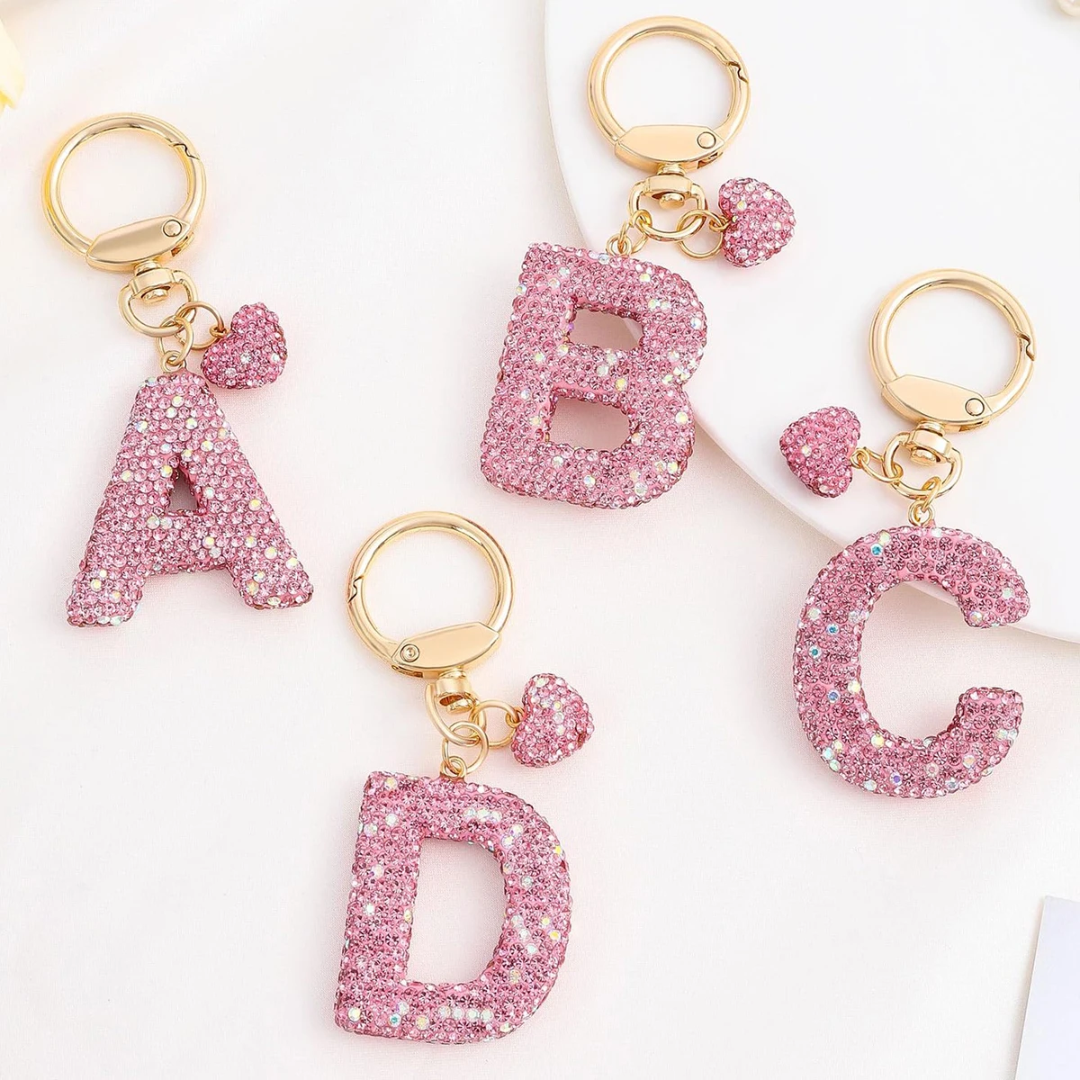 Porte-clés initial pour femmes et filles, porte-clés lettre scintillante initiale avec cœur, breloques porte-clés roses pour sac à dos et sac à main