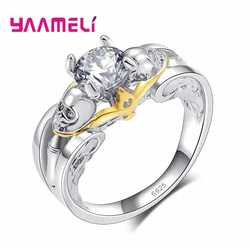 Personality Skull Round Crystal Stone Ring Engagement Bride Wedding Jewelry 925 Sterling Silver CZ For Women
