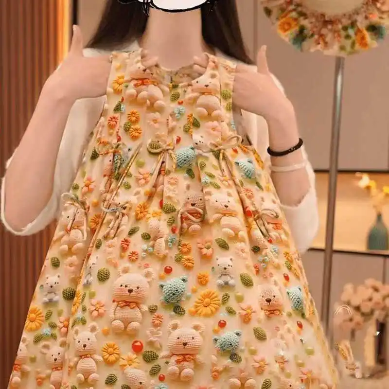 فستان صيفي للفتيات سترة مطبوعة ثلاثية الأبعاد فستان موضة جديدة للأطفال لعام 2025، مناسب للأعمار من 7 إلى 14 عامًا