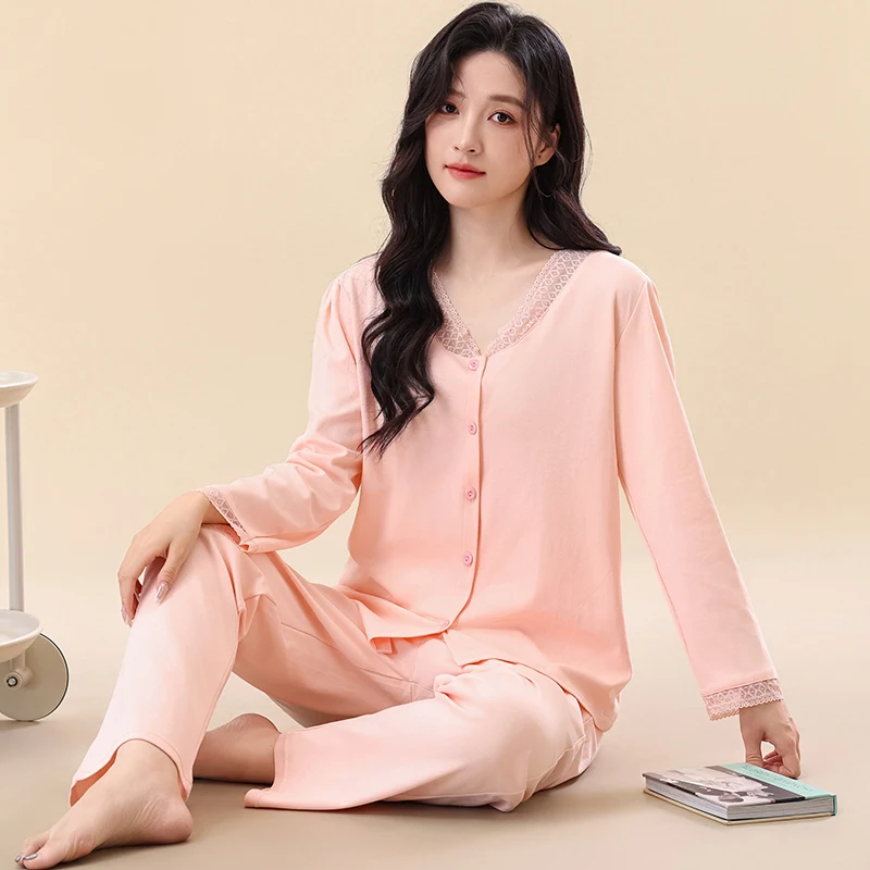 

Spring Autumn V-Neck Pyjamas Female Lace Pajamas Sets Lovely Japanese Kimonos For Women Big Yards M-4XL Full Pure Cotton Yukata